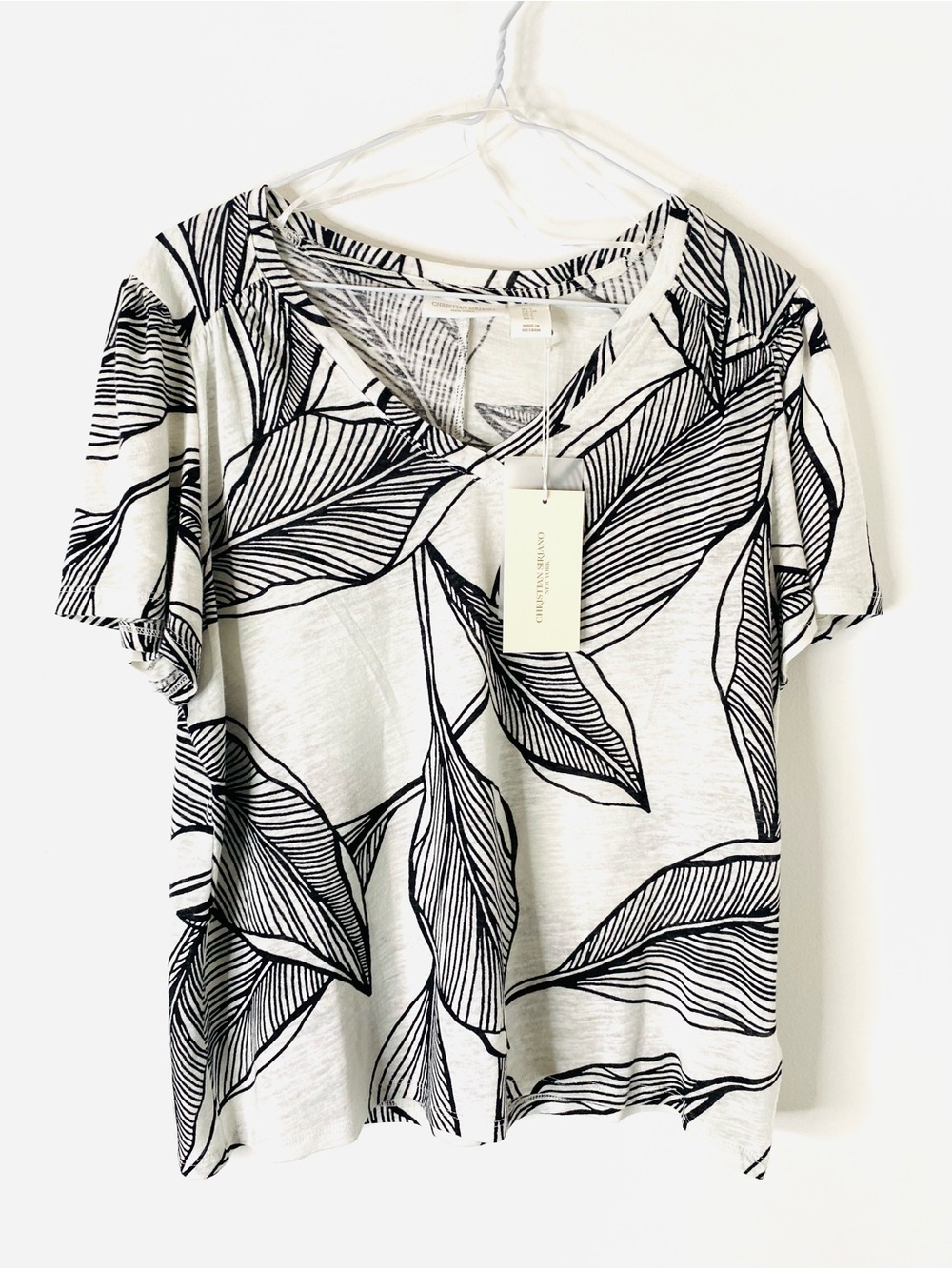Christian Siriano NWT Linen Blend Black White Leaf Print Short Sleeve Top